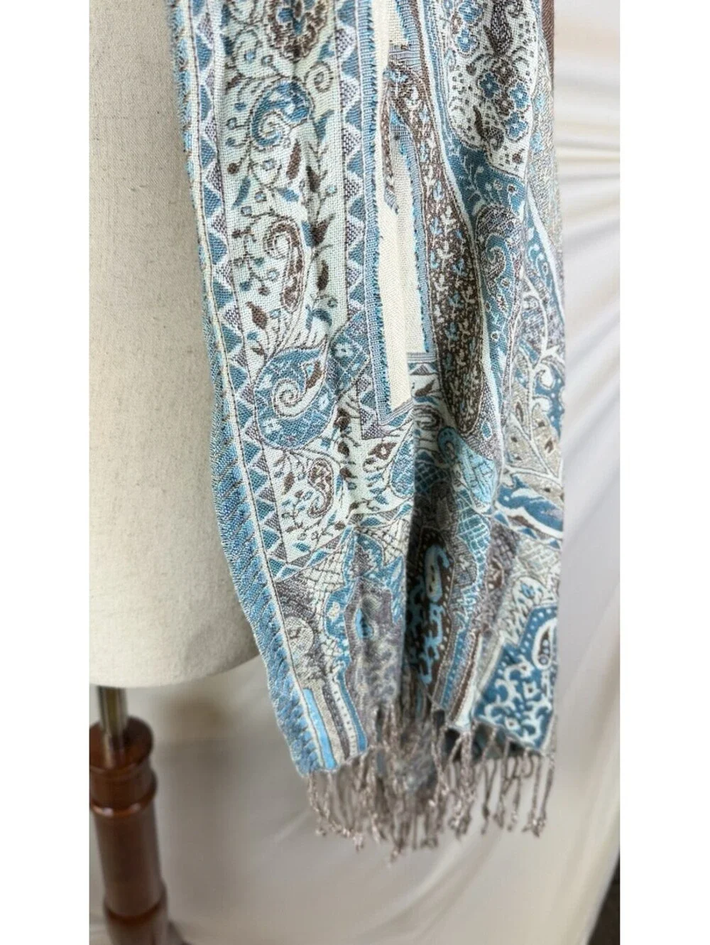 Blue Reversible Jacquard Scarf Handwoven Fringed Shawl Paisley Wrap 29 X 80